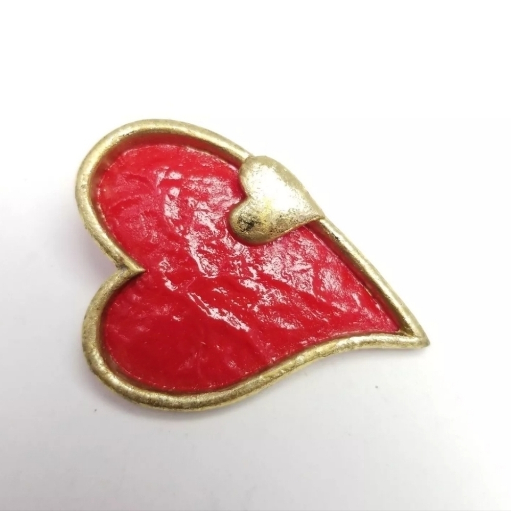 Vintage Big Red Heart Pin with Little Gold Tone Heart, Retro Estate Brooch